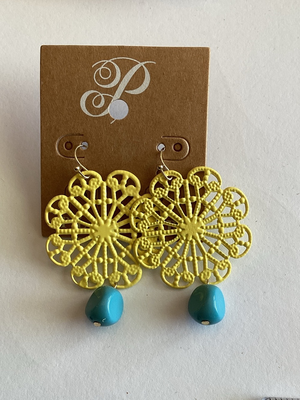 Plunder‎ Yellow Filigree Flower Earrings with Turquoise Bead
